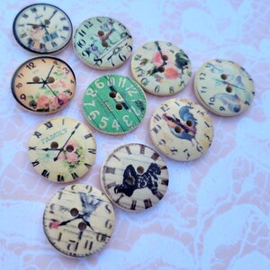 May include: Ten wooden buttons with a vintage clock face design. Each button features a different clock face with Roman numerals and various images, including birds, flowers, and a rooster.