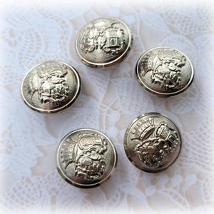 5 Silver Coat of Arms Vintage Shank Buttons 3/4 Inch 18mm