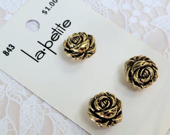 3 Gold Rose/Flower Buttons 5/8 Inch 16mm La Petite Novelty Buttons