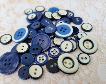 50 Blue Vintage Buttons Mixed Lot 3/8 Inch to 3/4 Inch