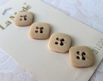 4 Tan Square 4 Hole Vintage Buttons  5/8 Inch 16mm La Mode