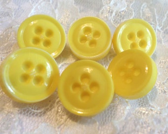 6 Yellow Vintage 4 Hole Buttons 9/16 Inch