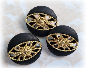3 Black & Gold Fancy Shank Buttons 1 Inch
