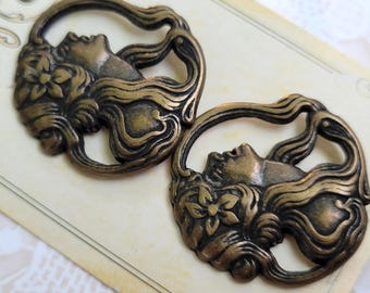 Vintage La Mode Art Nouveau Style Buttons Openwork Lady with Flowing Hair, Flowers, Bronze Tone Metal Shank Buttons Made in Italy