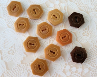 11 boutons hexagonaux vintage fauves/marrons 9/16 po. 14 mm