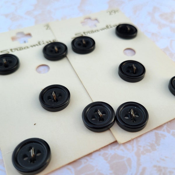 10 Black Vintage Buttons 4 Hole 7/16 Inch 12mm Streamline Button Cards