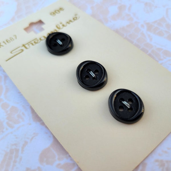 3 Oval Black Vintage Buttons 3/8 by 1/2 Inch Streamline Button Card