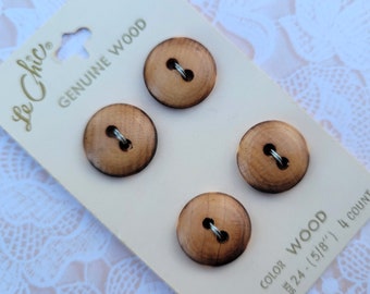 4 Wood Colored Vintage Buttons 5/8 Inch Le Chic Button Card