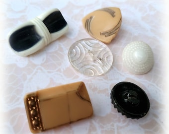 6 Vintage Glass Buttons: Mixed Lot, Fancy Shapes
