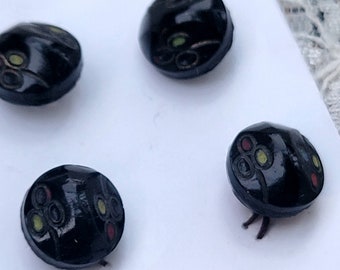 4 Glass Black Vintage Shank Buttons with Flowers Colored Flecks 3/8 Inch