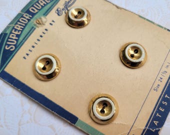 4 Gold and White Metal Vintage Buttons 5/8 Inch 16mm Superior Quality Button Card