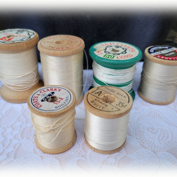 6 Wooden Spools Vintage Thread Cream White Invisable