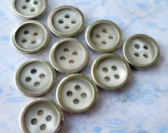 10 Silver and White Metal 4 Hole Vintage Buttons 3/8 Inch 10mm