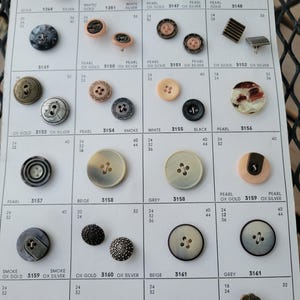 May include: A chart of different buttons with various colors, materials, and sizes. The buttons are labeled with their corresponding colors, materials, and sizes. The chart is organized by rows and columns.