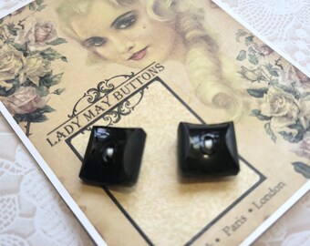 2 botones vintage cuadrados curvos de vidrio negro 5/8 pulgadas 15 mm