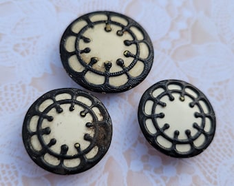 3 Vintage Navy Blue and Cream Flower Buttons 7/8 Inch and 1 1/8 Inch Shank Buttons