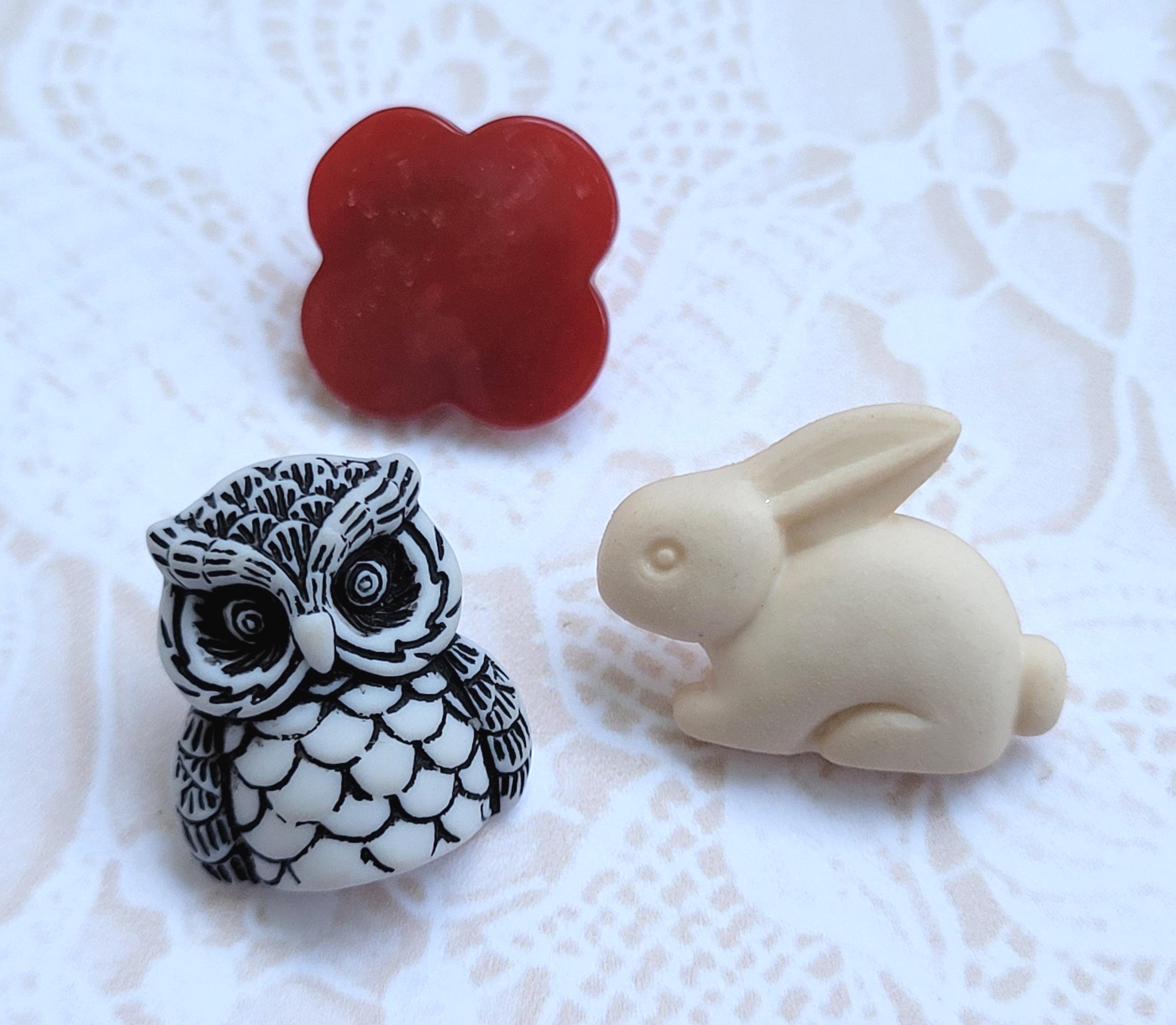 Owl, Bunny, Red Flower Vintage Novelty Buttons