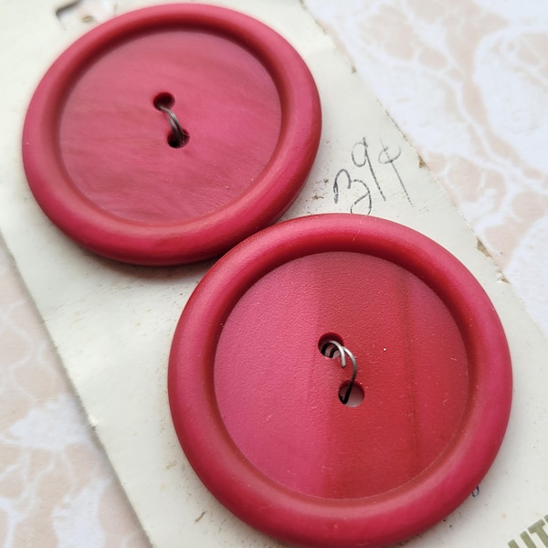 2 BIG Raspberry Pink Vintage Buttons 1 1/4 Inch 33mm Imperial Button Card