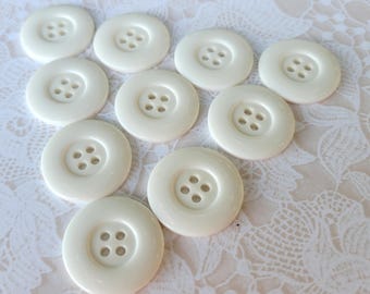 10 Shiny White Vintage Buttons 7/8 Inch 22mm 4 Hole Sew Thru Buttons