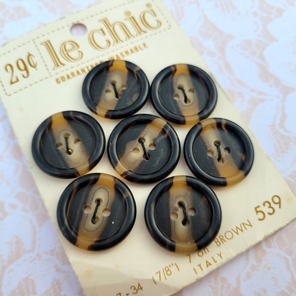 7 Brown/Tan 2 Toned Vintage 4 Hole Buttons 7/8 Inch 21mm Le Chic Button Card