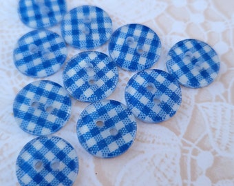 10 Medium Blue Gingham Buttons 1/2 Inch 12mm