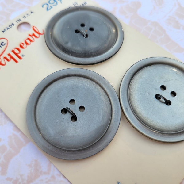 3 BIG Gray Vintage Buttons 4 Hole 1 5/16 Inch 34mm Polypearl Button Card