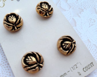 4 Gold Rose Metal Vintage Buttons 1/2 Inch 12mm Le Chic Button Card