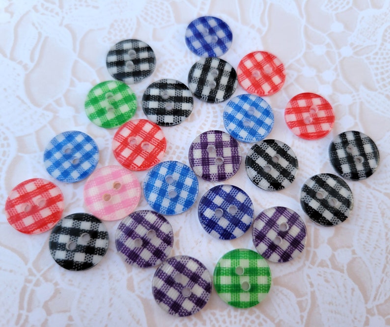 23 Gingham Buttons Red Black Blue Purple Green Pink 7/16 Inch 12mm image 3