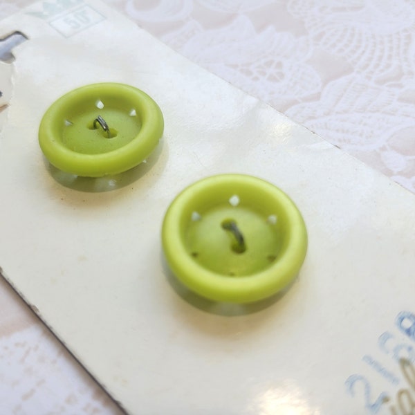 2 Bright Green Vintage Buttons 5/8 Inch 16mm Imperial Button Card