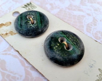 2 BIG Dark Green Vintage Buttons 1 Inch 25mm Imperial Button Card