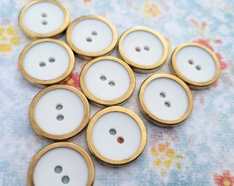 10 White and Gold Vintage Buttons 3/4 Inch Sew Thru Buttons