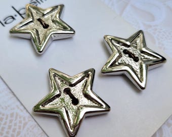 3 Silver Star Buttons 7/8 Inch 22mm La Petite Novelty Buttons