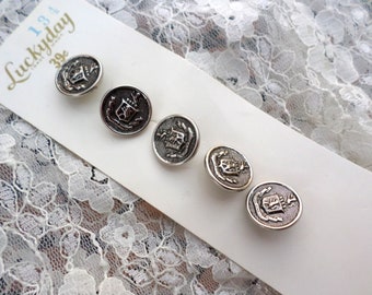 Vintage Lucky Day Button card 5 Silver Crest Buttons Shank Buttons 9/16 Inch