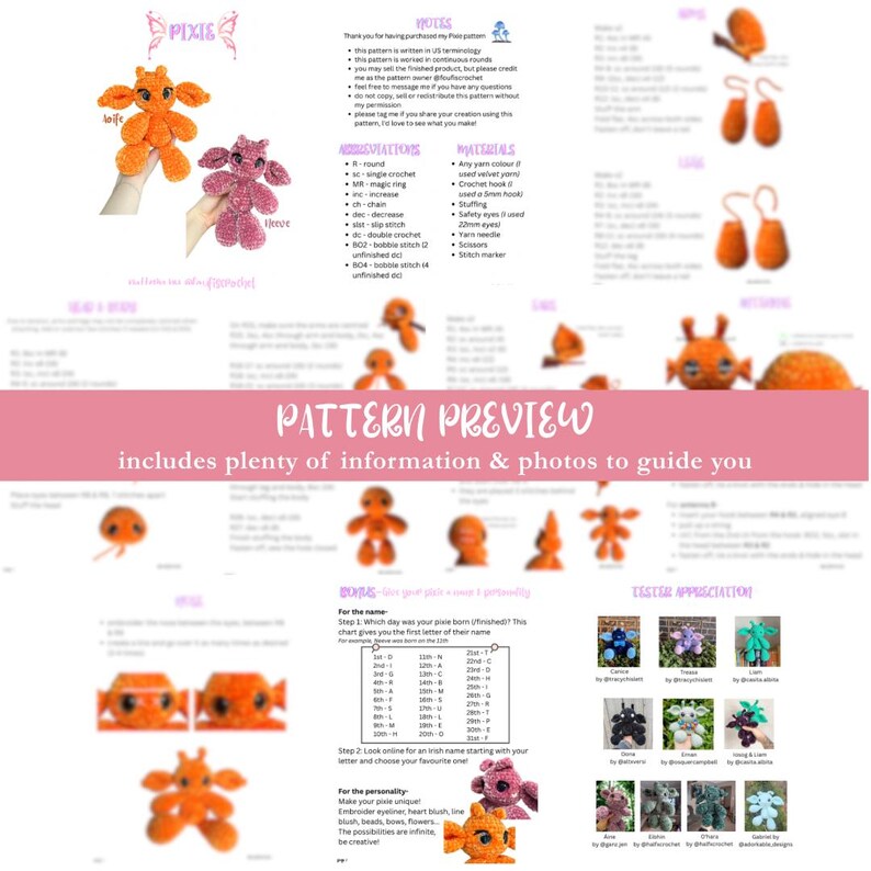 Op de afbeelding: Een voorbeeldpagina van een haakpatroon met instructies en foto's. De pagina toont twee kleine, handgemaakte pixie-poppen in oranje en roze. De tekst "PIXIE" en "PATTERN PREVIEW" zijn zichtbaar. Het patroon bevat informatie en foto's.