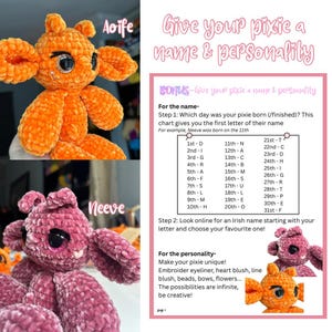 Op de afbeelding: Twee gehaakte pixie poppen, &eacute;&eacute;n oranje en &eacute;&eacute;n roze, met grote ogen en flaporen. De afbeelding bevat de tekst "Geef je pixie een naam & persoonlijkheid" en instructies voor het benoemen en personaliseren van de poppen.