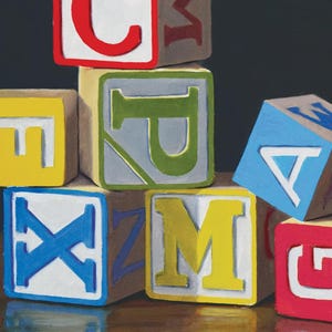 Puede incluir: Una pila de bloques de letras de madera con las letras C, M, P, A, X, Z, M, G y 6. Los bloques están pintados en varios colores, incluyendo rojo, azul, amarillo, verde y blanco.