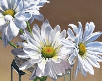 DANFORTH Daisies in Jar, 30x30 original realistic floral oil painting, canvas painting, flower painting, garden still life, daisy painting