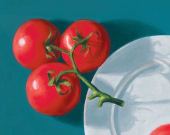 Tomatoes On White Plate, 8x10 original realistic oil painting, kitchen painting, food art, still life art, mothers gift, housewarming gift