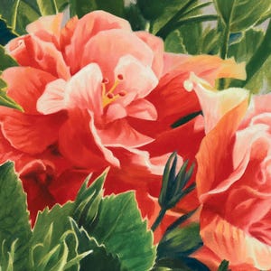 Puede incluir: Pintura en primer plano de vibrantes flores de hibisco rojas y melocotón, rodeadas de exuberantes hojas verdes. Los pétalos son en capas y detallados, con estambres amarillos visibles. La obra captura la belleza de la naturaleza.