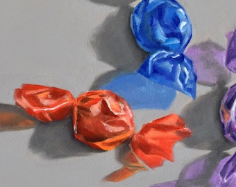 Snoepjes, 6x6 origineel realistisch olieverfschilderij, stilleven kunst aan de muur, Danforth schilderij, verjaardagscadeau, kinderdagverblijfcadeau, kindersnoepjes