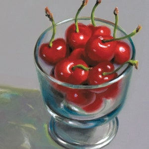 Cherries in Glass, 6x6 original realistic oil painting, still life painting, cherries painting, food art, kitchen art, Mothers Day gift