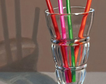 Malt Glass With Straws, 8x8 original realistic oil painting, still life art, Danforth painting, housewarming gift, birthday gift, kitchen