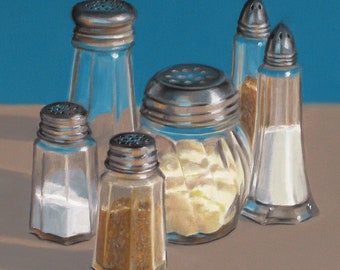 Shakers, 8x10 original realistic oil painting, Danforth still life art, diner painting, salt pepper painting, kitchen art, housewarming gift