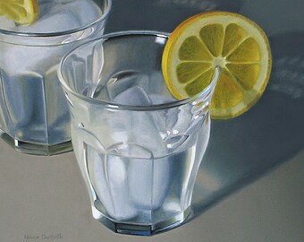 DANFORTH Water Glasses w Lemon Slices, 16x20 original realistic oil painting, contemporary still life, glass still life painting, canvas art