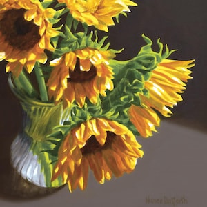 May include: A still-life painting of sunflowers in a clear glass vase. The sunflowers are a vibrant yellow with brown centers and green stems and leaves. The background is a dark gray, creating a contrast with the bright flowers. The artist's signature is in the bottom right corner.