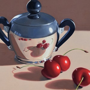 DANFORTH Deco Sugar w Cherries, 24x24 original realistic oil painting, canvas painting, kitchen painting, cherries still life, food painting