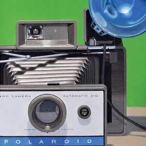 DANFORTH Polaroid Land Camera, 30x24 original realistic oil painting, camera painting, camera still life, polaroid still life, statement art