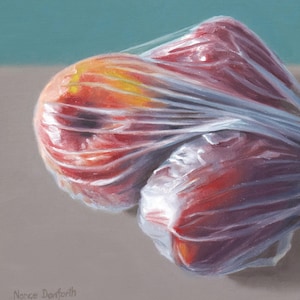 May include: Two red apples are wrapped in clear plastic, creating a translucent, almost ghostly effect. The apples are nestled together, their skin showing through the plastic. The background is a muted gray.