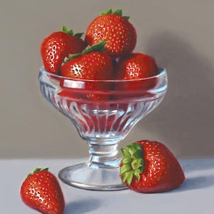 Strawberries in Ice Cream Glass, 8x8 original realistic oil painting, still life painting, fruit art,  housewarming gift, kitchen gift
