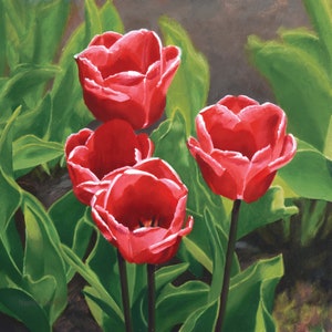 May include: Four red tulips with green leaves in a painting. The tulips are in various stages of bloom, with some fully open and others still closed.